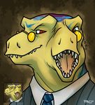  dinosaur diprosopus eyewear glasses male monocle multi_eye multi_muzzle mutation necktie pac suit theropod tyrannosaurus_rex 