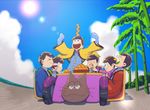  6+boys alcohol blue_sky bowl_cut brothers brown_hair cloud cup day drinking drinking_glass driving eating food fruit hanten_(clothes) heart heart_in_mouth kotatsu lens_flare male_focus mandarin_orange matsuno_choromatsu matsuno_ichimatsu matsuno_juushimatsu matsuno_karamatsu matsuno_osomatsu matsuno_todomatsu multiple_boys osomatsu-kun osomatsu-san pajamas palm_tree racecar sextuplets siblings sky smile stack standing table tree wine wine_glass yunomi 