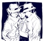  5plus5 cigarette crossed_arms dark_background detective fedora hand_in_pocket hat looking_at_viewer looking_to_the_side male_focus matsuno_choromatsu matsuno_ichimatsu matsuno_todomatsu monochrome multiple_boys osomatsu-kun osomatsu-san simple_background smoking torn_clothes trench_coat 