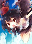  :o bare_legs belt bent_over black_bow black_hair black_neckwear black_skirt black_wings blue_sky blush bow bowtie cloud day flying frilled_skirt frills hat looking_at_viewer nikorashi-ka open_mouth outstretched_arms pom_pom_(clothes) puffy_short_sleeves puffy_sleeves red_eyes round_teeth shameimaru_aya shirt short_hair short_sleeves skirt sky solo teeth tokin_hat touhou tsurime v-shaped_eyebrows white_shirt wings 