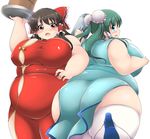  :o alternate_hairstyle ass bamboo_steamer bare_arms bare_shoulders big_belly blue_eyes blush bow breasts brown_eyes brown_hair bucket bun_cover bursting_breasts carafe carrying_overhead china_dress chinese_clothes commentary_request dress fat fat_folds from_behind green_hair hair_bow hair_ribbon hair_tubes hakurei_reimu high_heels huge_breasts kochiya_sanae kurokaze_no_sora large_bow long_hair looking_at_viewer multiple_girls obese open_mouth ribbon sweatdrop thick_thighs thighhighs thighs touhou tray twintails undersized_clothes white_legwear wide_hips wooden_bucket 