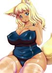  animal_ear_fluff animal_ears bare_arms bare_shoulders belly blonde_hair blue_eyes breast_suppress breasts cleavage colored_eyelashes commentary_request covered_navel fat_folds fox_ears fox_girl fox_tail hand_up highres huge_breasts impossible_clothes impossible_swimsuit kokumotsu navel old_school_swimsuit one-piece_swimsuit original plump school_swimsuit skin_tight skindentation smile solo swimsuit tail tan taut_clothes taut_swimsuit thick_thighs thighhighs thighs 