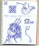  2007 black_eyes blush butt demon eyebrows eyelashes female happy horn looking_up melee_weapon nails piercing polearm raised_tail russian_text simple_background sketch solo text traditional_media_(artwork) trident weapon white_background white_sclera wolfy-nail 