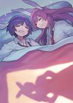  ainy77 animal_ears bad_id bad_pixiv_id blanket blush bunny_ears closed_eyes long_hair long_sleeves lying multiple_girls necktie on_back on_bed on_side purple_hair reisen reisen_udongein_inaba shade shirt short_hair silhouette sleeping touhou watatsuki_no_yorihime 