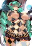  argyle_cutout breasts covered_nipples curvy drill_hair fiore_brunelli gloves green_hair hair_ribbon huge_breasts looking_at_viewer revealing_clothes ribbon simple_background skindentation solo star_ocean star_ocean_integrity_and_faithlessness takamura_wamu thick_thighs thigh_gap thighs twin_drills white_background yellow_eyes 