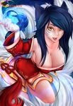  ahri animal_ears bare_shoulders black_hair blurry braid breasts cleavage collarbone cowboy_shot depth_of_field detached_sleeves facial_mark fangs fox_ears fox_tail highres korean_clothes large_breasts league_of_legends lips long_hair looking_at_viewer magic multiple_tails open_mouth rainbowscreen smile solo tail very_long_hair watermark whisker_markings yellow_eyes 