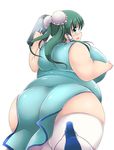 :o ass bare_arms bare_shoulders blue_eyes blush breasts bun_cover carafe china_dress chinese_clothes dress fat fat_folds from_behind green_hair hair_tubes high_heels highres huge_breasts kochiya_sanae kurokaze_no_sora long_hair looking_at_viewer obese open_mouth solo sweatdrop thick_thighs thighhighs thighs touhou twintails white_legwear wide_hips 