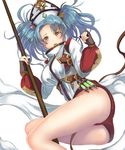  ass belt blue_hair breasts brown_gloves gloves granblue_fantasy hat large_breasts long_hair long_sleeves looking_at_viewer open_mouth partly_fingerless_gloves simple_background solo sophia_(granblue_fantasy) staff teeth twintails uro_(uro_zi) white_background yellow_eyes 