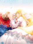  1girl aki_(neyuki41028) aldnoah.zero asseylum_vers_allusia bed blonde_hair blue_flower blue_rose blush brown_hair closed_eyes flower from_side jewelry long_hair long_sleeves on_bed pendant petals profile rose slaine_troyard sleeping smile tears 