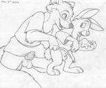  2012 age_difference animal_genitalia animal_penis anthro balls barefoot bottomless canine canine_penis clothed clothing clothing_lift cub disney erection fox kneeling knot lagomorph looking_back male male/male mammal mizzyam monochrome open_mouth pencil_(artwork) penis rabbit robin_hood robin_hood_(disney) sheath size_difference skippy smile standing traditional_media_(artwork) young 