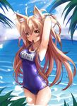  adjusting_hair ahoge animal_ears armpits arms_up beach blonde_hair blush breasts cat_ears cleavage collarbone covered_navel day dripping glint hair_between_eyes highres horizon legs_together light_rays long_hair looking_at_viewer medium_breasts name_tag one-piece_swimsuit original outdoors palm_tree plant school_swimsuit skin_tight solo sora_(dkssud6580) sunlight swimsuit tareme thighs tree tying_hair very_long_hair water water_drop wet wet_clothes wet_hair wet_swimsuit 