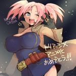  ;d blue_eyes breasts cleavage commentary_request fang gloves large_breasts long_hair looking_at_viewer nashida_oriha one_eye_closed open_mouth oshiruko_(tsume) pink_hair short_hair smile solo star star-shaped_pupils symbol-shaped_pupils triage_x twintails w w_over_eye 