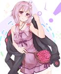  ahoge bare_shoulders bow bunny_hair_ornament collarbone dress flower hair_ornament heart highres hood hoodie hoodie_removed long_hair purple_eyes purple_hair simple_background smile solo strapless strapless_dress tube_dress twintails vocaloid voiceroid yuirimo yuzuki_yukari 