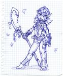  2007 anthro armor belt blush breasts clothed clothing elf eyebrows eyelashes feathers female gloves hair happy humanoid leaf long_hair not_furry pants plant simple_background sketch solo staff teeth traditional_media_(artwork) white_background wolfy-nail 
