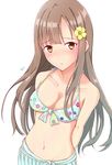  :t bikini brown_eyes brown_hair floral_print highres idolmaster idolmaster_cinderella_girls long_hair looking_at_viewer mizumoto_yukari pout print_bikini solo swimsuit toufuu 