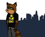  anthro belt black_topwear brown_fur city clothed clothing english_text fur green_eyes grey_bottomwear half-closed_eyes hands_in_pockets landscape looking_at_viewer los_angeles mammal ms_paint olicoon ollie_(olicoon) procyon raccoon solo text 