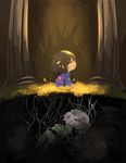  androgynous blush_stickers brown_hair buried chara_(undertale) closed_eyes corpse ei012 flower_bed frisk_(undertale) multiple_others open_mouth petals pillar roots smile spoilers spotlight striped striped_sweater sweater undertale waking_up 
