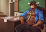  2016 abs ahriman_harken anthro black_nipples blinkblinkblink bovine bulge cattle chair classroom clothed clothing college desk horn male mammal muscular necktie nipples open_shirt paper pecs rabbity school sitting solo 