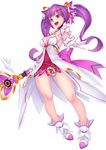  :d aisha_(elsword) back_bow bare_legs bow breasts cleavage dimension_witch_(elsword) elsword fang full_body gloves hair_ornament hairclip highres holding holding_wand large_breasts long_hair looking_at_viewer open_mouth outstretched_hand pak_ce pink_skirt purple_eyes purple_hair shoes simple_background skirt smile solo staff standing twintails wand white_background white_footwear white_gloves 