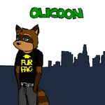  album_cover anthro belt black_topwear brown_fur city clothed clothing cover english_text fur green_eyes grey_bottomwear half-closed_eyes hands_in_pockets landscape looking_at_viewer los_angeles mammal ms_paint olicoon ollie_(olicoon) procyon raccoon solo text 