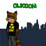  album anthro belt black_topwear brown_fur city clothed clothing english_text fur green_eyes grey_bottomwear half-closed_eyes hands_in_pockets hi_res landscape looking_at_viewer los_angeles mammal ms_paint olicoon ollie_(olicoon) procyon raccoon solo text 