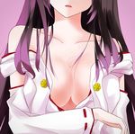  bad_id bad_pixiv_id black_hair blush breast_squeeze breasts cleavage close-up collarbone detached_sleeves haruna_(kantai_collection) head_out_of_frame kantai_collection large_breasts long_hair looking_at_viewer no_bra nontraditional_miko off_shoulder open_mouth pink_background ribbon-trimmed_sleeves ribbon_trim rko_(a470350510) solo undressing upper_body 