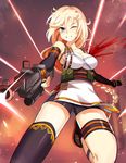  belt bike_shorts black_gloves black_legwear blonde_hair blood blue_eyes braid breasts cleavage clenched_teeth dungeon_and_fighter elbow_gloves elsword female_gunner_(dungeon_and_fighter) fingerless_gloves freyja_(elsword) gloves injury large_breasts long_hair one_eye_closed onigensou rose_(elsword) shirt shoes single_braid single_thighhigh solo spitfire_(dungeon_and_fighter) teeth thighhighs white_shirt wince 
