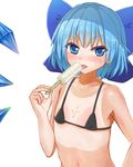  :p armpits bare_shoulders bikini black_bikini blue_bow blue_eyes blue_hair blush bow cirno collarbone crystal detached_wings eating eyebrows eyebrows_visible_through_hair flat_chest food hair_bow highres holding holding_food ice ice_cream ice_wings licking looking_at_viewer maeshimashi micro_bikini midriff navel nose_blush popsicle short_hair simple_background solo stomach swimsuit tan tanline tongue tongue_out touhou v-shaped_eyebrows white_background wings 