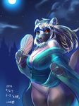  anthro big_breasts bottomless breasts chest_tuft cleavage clothed clothing fan female fur hair japanese_clothing japanese_text kimono mammal moon ni_jikan raccoon signature solo text thick_thighs translated tuft 