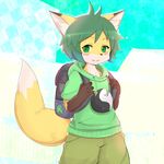  abstract_background backpack canine clothed clothing concon-collector cub fox gosounokitsune_sonhaku green_hair hair hoodie kyuuri looking_at_viewer male mammal official_art shorts solo yin_yang young 