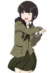  ^_^ ^o^ baker_at_bat bangs black_hair blunt_bangs braid closed_eyes commentary_request eyebrows eyebrows_visible_through_hair hair_over_shoulder hair_tie highres kantai_collection kitakami_(kantai_collection) long_hair neckerchief new_horizon open_mouth parody pleated_skirt school_uniform serafuku shiguro simple_background skirt smile solo white_background 