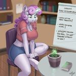  aged_up anthro anthrofied chair clothed clothing english_text equine female friendship_is_magic glowing hair hooves horn inside kevinsano long_hair magic mammal multicolored_hair my_little_pony plant potted_plant shorts sitting solo sweetie_belle_(mlp) table text two_tone_hair underhoof unicorn white_skin 