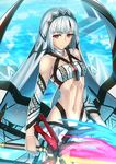  altera_(fate) aqua_background arm_warmers choker cowboy_shot fate/extella fate/extra fate/grand_order fate_(series) kotera_ryou looking_at_viewer midriff navel photon_ray red_eyes solo sword tattoo veil weapon white_hair 