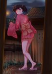  bad_id bad_pixiv_id bangs bare_legs beige_bow blue_ribbon blunt_bangs blush building choker closed_mouth error from_behind frown geta hair_ribbon highres house japanese_clothes kimono koutetsujou_no_kabaneri lantern light long_sleeves looking_at_viewer looking_back mud mumei_(kabaneri) night no_legwear pipes red_ribbon ribbon rooftop sandals short_twintails solo twintails wide_sleeves wrong_feet wujia_xiaozi yellow_eyes 