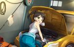  artist_request bent_over black_hair car clothes_around_waist gloves grease green_eyes ground_vehicle harada_miyo idolmaster idolmaster_cinderella_girls idolmaster_cinderella_girls_starlight_stage jacket_around_waist looking_at_viewer looking_back mechanic motor_vehicle official_art open_hood open_mouth short_ponytail solo star twintails 