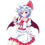  :d arm_at_side bat_wings blue_hair blush buttons center_frills collarbone dress frilled_cuffs frilled_dress frilled_shirt_collar frills hat hat_ribbon head_tilt junior27016 mob_cap open_mouth pointy_ears red_eyes red_ribbon remilia_scarlet ribbon short_hair simple_background sitting smile solo tooth touhou tsurime white_background white_dress white_hat wings wrist_cuffs 