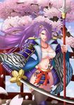  absurdres bad_id bad_pixiv_id bell breasts cherry_blossoms cleavage flower hair_over_one_eye highres katana large_breasts long_hair original polearm ponytail purple_eyes purple_hair smile solo spear sword thighhighs urkaze_(urture) weapon 