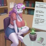  aged_up anthro anthrofied breast_expansion breasts chair clothed clothing english_text equine female friendship_is_magic glowing hair hooves horn inside kevinsano long_hair magic mammal multicolored_hair my_little_pony plant potted_plant shorts sitting solo sweetie_belle_(mlp) text two_tone_hair underhoof unicorn white_skin 