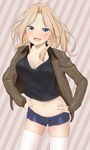  :d blonde_hair blue_eyes blush breasts cleavage crop_top crop_top_overhang girls_und_panzer hands_on_hips highres jacket kay_(girls_und_panzer) long_hair looking_at_viewer mashimaru_(muzikluva) medium_breasts midriff military military_uniform navel open_clothes open_jacket open_mouth saunders_military_uniform shiny shiny_skin short_shorts shorts skindentation smile solo thighhighs uniform white_legwear 