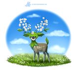  antlers black_eyes closed_mouth commentary creature cryptid_creations day deer fawn field flower flower_field full_body leaf no_humans original simple_background smile standing toon white_background white_flower 