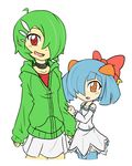  absurdres ahoge airalin_(mark_folks) alternate_color bare_shoulders blue_hair bow child choker clothes_grab commentary dress gardevoir gen_3_pokemon green_hair hair_bow hair_ornament highres hood hoodie humanization kirlia looking_at_viewer mark_folks multiple_girls open_mouth orange_eyes personification pokemon pokemon_(creature) red_eyes serene_(mark_folks) shiny_pokemon short_hair siblings simple_background sisters skirt sleeves_past_wrists smile thighhighs white_background zettai_ryouiki 