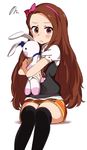  banned_artist black_legwear blush bow brown_eyes brown_hair charles_donatello_the_18th ekusiregaia hair_bow hair_ornament idolmaster idolmaster_(classic) long_hair minase_iori simple_background skirt solo stuffed_animal stuffed_bunny stuffed_toy thighhighs white_background zettai_ryouiki 