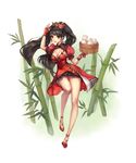  bamboo black_hair breasts brown_eyes cleavage dress earrings food frills gloves hair_ornament highres jewelry large_breasts long_hair long_legs original puffy_sleeves puky red_dress red_gloves solo standing thighs twintails very_long_hair 