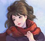  blue_eyes brown_hair lips long_hair looking_away lying on_back original pinky_out puky red_lips red_scarf scarf snow solo wavy_hair winter 