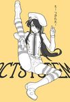  black_hair boots buttons cosplay double-breasted drifters expressionless fujiwara_riyu full_body gloves hair_over_one_eye hat image_sample knee_boots leg_up long_hair long_sleeves looking_at_viewer male_focus monochrome nasu_no_yoichi necktie olmine olmine_(cosplay) open_mouth otoko_no_ko parted_lips pixiv_sample ponytail short_shorts shorts sidelocks simple_background sitting solo stretch striped striped_legwear thighhighs turtleneck yellow_background 