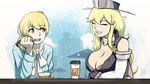  blonde_hair breasts cleavage closed_eyes coffee_cup crossover cup disposable_cup elbow_gloves ellen_baker erica_june_lahaie gloves green_eyes hair_bobbles hair_ornament hat head_rest iowa_(kantai_collection) kantai_collection large_breasts lips multiple_girls new_horizon open_mouth plate ponytail round_teeth signature smile teacup teeth 