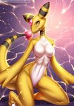  2016 alanscampos ampharos anthro anthrofied black_body breasts claws electricity english_text featureless_breasts female fetureless_crotch gem kneeling looking_at_viewer navel nintendo orange_eyes patreon pok&eacute;mon pok&eacute;morph smile solo stripes text toe_claws video_games white_body white_claws wide_hips yellow_body 