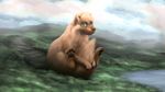  acru_jovian ambiguous_gender behemoth buttscoot canine cloud detailed_background digital_media_(artwork) fluffy forest fur hill macro mammal monster mountain path paws solo tongue tree trench water yellow_eyes 