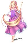  absurdly_long_hair barefoot blonde_hair cross-laced_clothes disney dress fang flower full_body green_eyes hair_flower hair_ornament holding holding_hair kashi_kosugi long_hair open_mouth pink_dress rapunzel_(disney) signature smile solo tangled transparent_background very_long_hair 