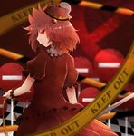  arano_oki caution_tape dress hair_bobbles hair_ornament hat kawashiro_mitori looking_at_viewer puffy_short_sleeves puffy_sleeves red_dress red_eyes red_hair road_sign short_sleeves sign solo tile_floor tiles touhou twintails wrist_cuffs 